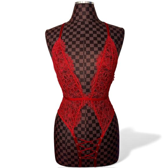 Victoria's Secret Red Lace Teddy Lingerie Size Medium Crotchless Sheer Coquette - Picture 2 of 12
